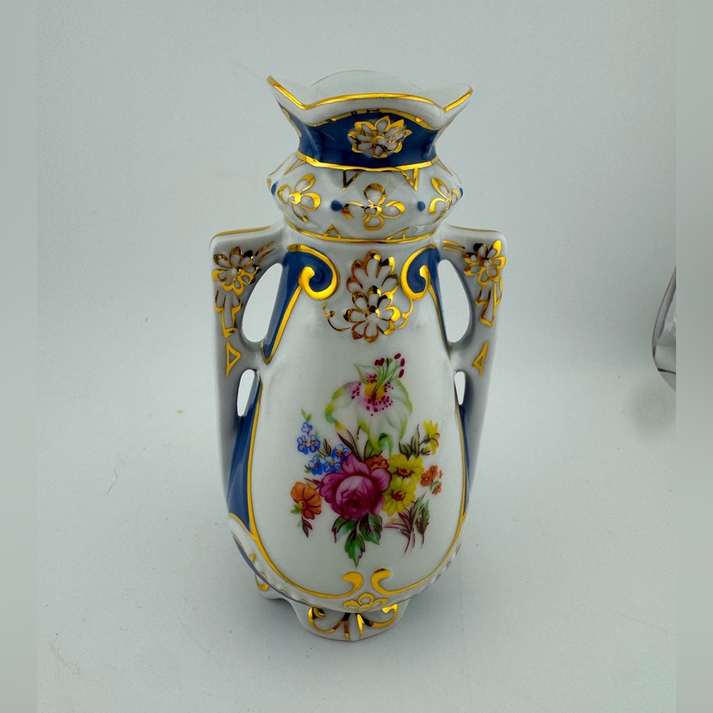 Royal Dux Bohemian Czechoslovakian Floral Porcelain Vase with Gold Accents